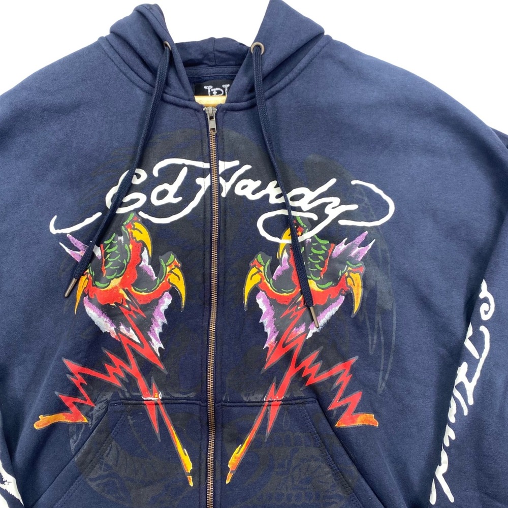 Ed Hardy Zip Up Hoodie Mens L Sunfade Navy Tiger Dragon Graphic EHM1303-6 New